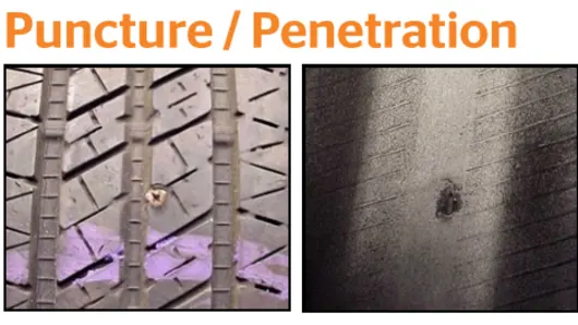 Punctures are caused by foreign objects on the roadway entering into the tyre body. When objects enter the tread face, generally they can be reapired after being examined by an experienced trained technician.